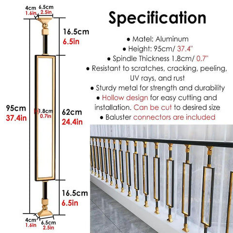 Premium Aluminum Balusters And Hollow Stair Spindles Featuring A Sleek Black And Gold Finish 37.4in height for modern railings.