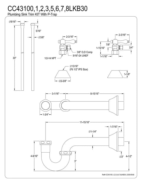 Technical diagram of All In One Traditional Bathroom Sink Trim Kit With P Trap Polished Chrome Finish Solid Brass Construction