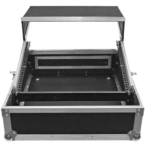 Professional Grade Heavy Duty Two Space Ata Equipment Case With Ten U Dj Mixing Console Top and Smooth Sliding Laptop Shelf open view