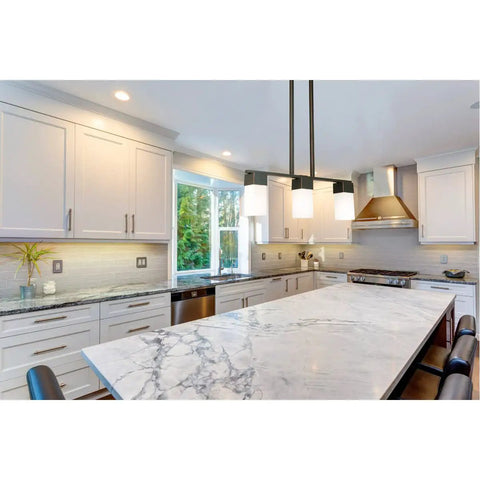 Six Light Pendant In Brushed Nickel Finish With Frosted White Cube Glass For Modern Kitchens And Living Areas over marble island