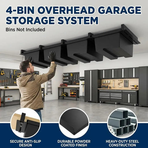 Man installing 4-bin overhead garage storage system with heavy-duty steel construction in a garage setting.