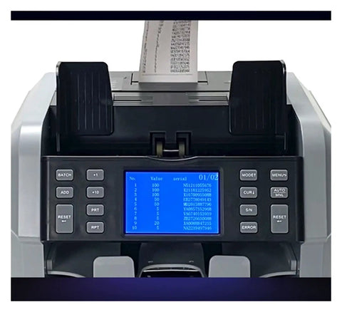 No Sweat Straight Up Fast Money Counter Machine With Bright Touch Screen Multi Currency Bill Sorting And Built In Printer For Legit Busy Retail Shops, showing display and printing.