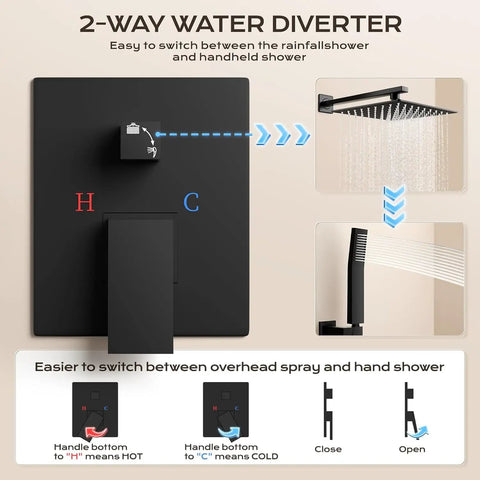 Slick Matte Black Shower Faucet Set With 10 Inch Rain Head And Handheld Sprayer, Boasting Top Shelf Pressure Balance For Zero Sweat Temperature Control In Any Home Setup, showing 2-way water diverter.