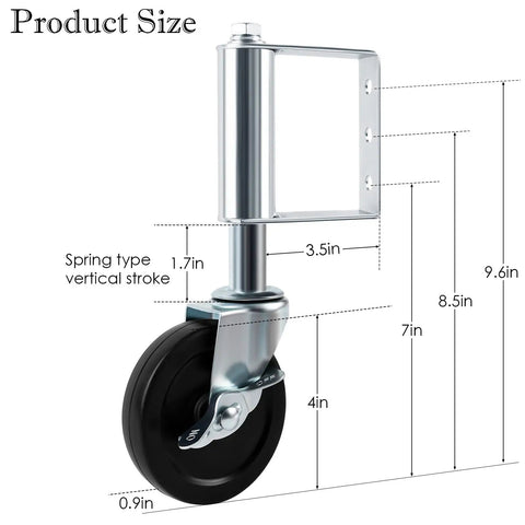 Diagram of Two Pack Spring Loaded Gate Caster Wheels With Universal Mount Plate Heavy Duty Rubber Gate Caster showing dimensions.