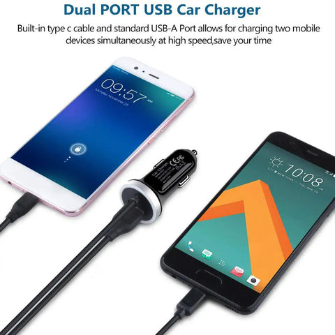 USB C Car Charger With 3.4A Fast Charge And 3ft Type C Cable For Galaxy S26 Ultra S25 S24 S23 S22 S21 S20 Note 20 And More, Pixel LG Stylo Moto G8 G7 5G Models Power Up On The Go connected to two smartphones.