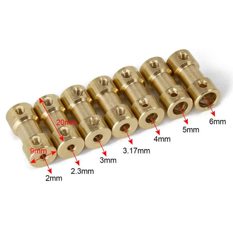 Close-up of Five Pack 5Mm To 6Mm Bore Rigid Brass Shaft Coupling Motor Connector for 3D Printers and DIY Projects L20Xd9