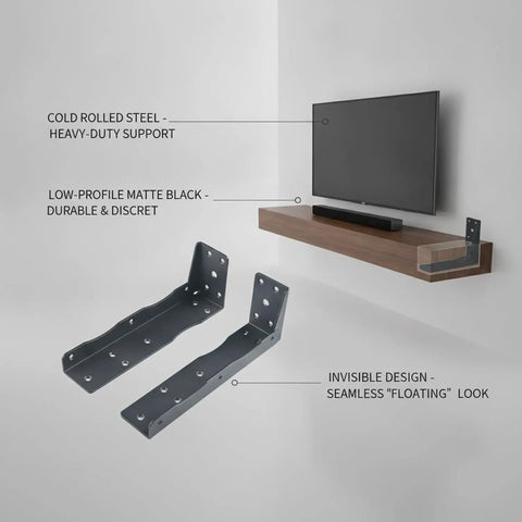 Hidden Steel Shelf Brackets For Wall Mounted Desks And Shelves With Matte Black Finish Concealed Support Hardware For A Dope Floating Look Cold Rolled Steel Construction Heavy Duty Wall Mount Brackets One Piece showcasing low-profile matte black brackets, invisible design, and heavy-duty cold rolled steel for seamless floating look.