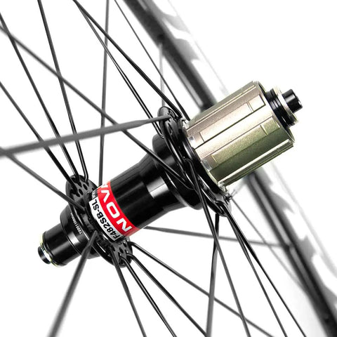 Close-up of hub on Beefy 88mm Carbon Wheelset for 700C Road Bikes with 291 Super Light Hub Basalt Brake Surface Shimano Compatibility