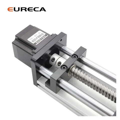 Close-up of Woodworking Ball Screw Linear Guide Motion Rail Slide for CNC Machines, highlighting the actuator and screw rail.