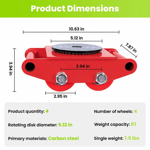 Heavy Duty Machinery Skates 4 Pack With 17,637 Lb Capacity, 360 Degree Rotation, Four PU Wheel Dollies, Carbon Steel Base dimensions.