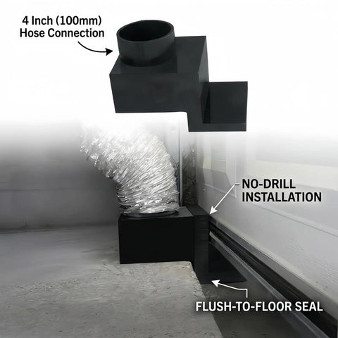 4 Inch Garage Door Vent Adapter For Laser Engraver Exhaust And Workshop Fume Extraction showing no-drill installation and flush-to-floor seal