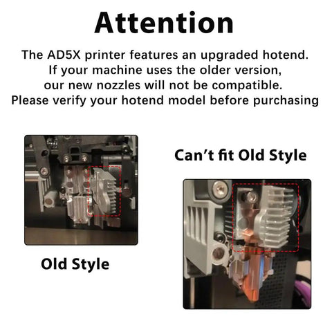 Comparison of old and new AD5X hotend models, warning about Beefed-Up 0.4mm All Metal Hotend Kit For AD5X After May 2025 Models.