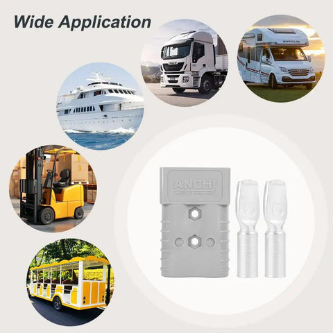 Beefy 350A Battery Connector For 2/0 AWG Cables Gray Color, Ideal For Forklift Recovery Winches And Towing Systems, Delivers 350 Amps Continuously At Up To 600V, Must Pair Only With The Same Color And Type For Safe Use, gray connector with cable lugs