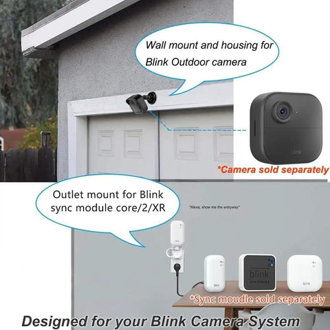 Outdoor Camera Mount Kit Three Pack Weatherproof Protective Housing And 360 Degree Adjustable Bracket Works With Blink Outdoor 4 2K Plus And Third Gen Cameras Black Durable Build, installed on a gray garage.