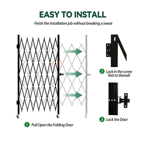 Installation guide for Tough As Nails Folding Security Gate With Lockable Scissor Design And 360 Swivel Casters, showing steps.