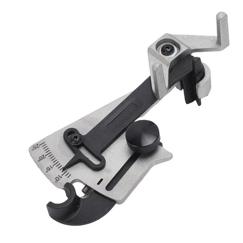 Precision Sharpener Angle Adjuster With Clamp For Custom Woodworking, Door Frame Crafts, And Cabinet Decorations To Perfectly Grind Any Cutter Size Fast, metal construction with adjustable parts.