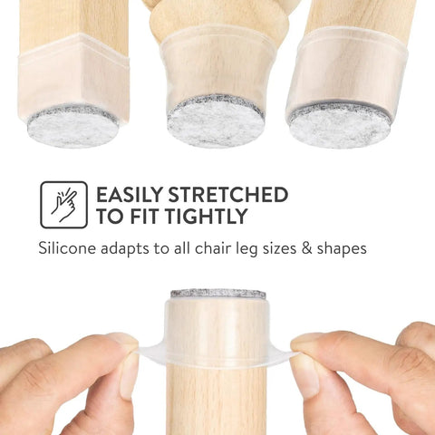 Hands stretching Clear Chair Leg Floor Protectors Set of 8 With Soft Silicone Pads and Felt Bottom for hardwood floors.