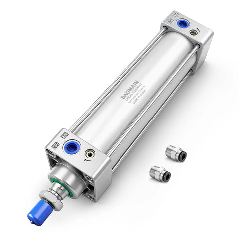 Beefy Pro Grade Pneumatic Air Cylinder With 50mm Bore And 150mm Stroke, shown with M16x1.5 threaded rod and push-in fittings
