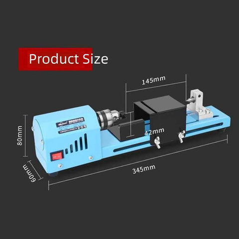 Heavy Duty 150W Mini Lathe Machine Metal Woodworking dimensions showing 345mm length and 60mm height on a black background.
