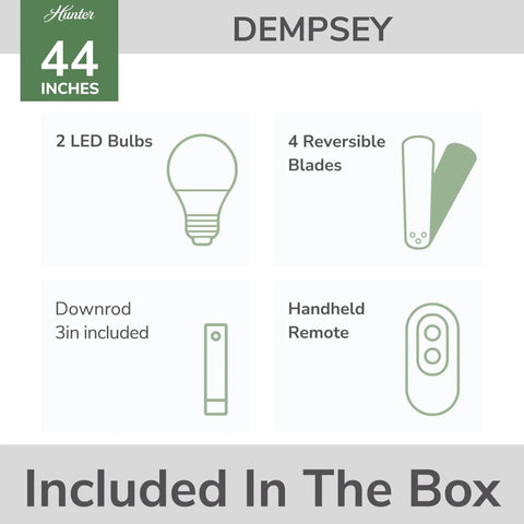 Contents included in box with 44 Inch Indoor Ceiling Fan With LED Light And Remote, reversible blades, LED bulbs, remote, downrod