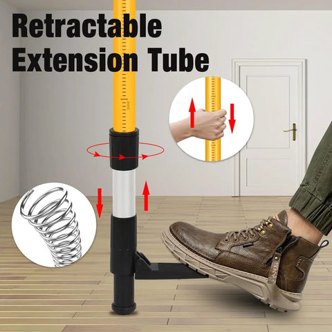 Heavy Duty Laser Level Pole With Adjustable Mount One Quarter Inch By Twenty Inch Telescoping Pole Extending To Twelve Feet Three Point Seven Meters With Five Eighths Inch Eleven Thread Adapter For Rotary And Line Lasers No Tripod Needed showing retractable extension tube and foot press