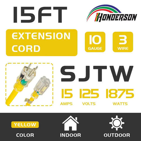Weatherproof Outdoor Extension Cord With Lighted End UL Listed 10 Gauge 15 ft 3 Prong Heavy Duty SJTW Power Cord graphic