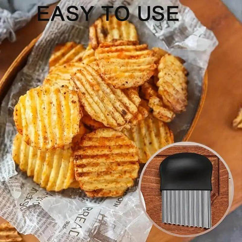 Stainless steel crinkle cutter with non-slip black handle; large wavy veggie/fry slicer shown with crinkle-cut potatoes.