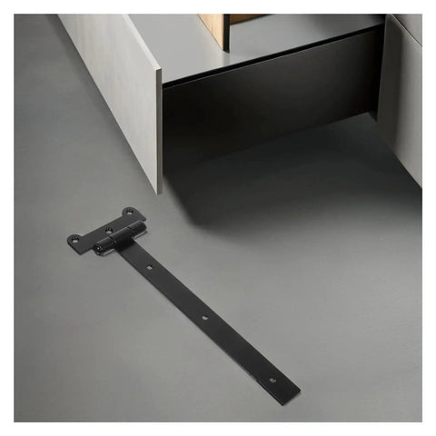 Heavy Duty T Strap Hinge Black Silent Bearing Cabinet Hardware Classic T Shape, laid flat near cabinet drawer.
