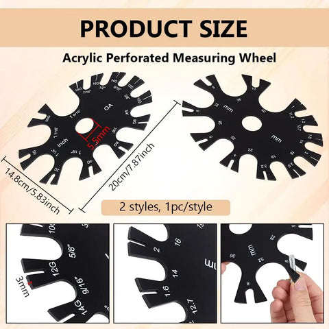 Acrylic Gauge Wheel Ring Sizer And Body Jewelry Checker Tool With Dual Inch And Metric Scale Chart, measuring wheel with diameter markings.
