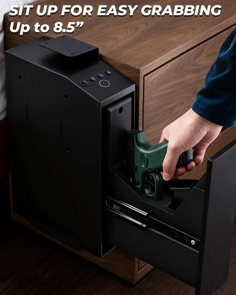 Person accessing 0.1 Second Quick Access Pistol Safe With Auto Sliding Door Triple Access Biometric Fingerprint, attached to nightstand.
