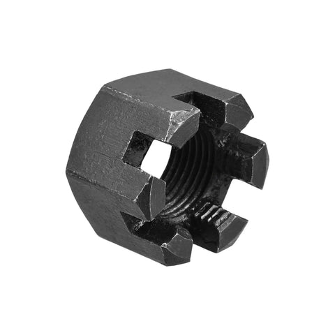 Pick Up This Sick Heavy Duty M24 X 2mm Hex Slotted Castle Nut Crafted From Solid Carbon Steel Grade 4 8 In Deep Matte Black Finish showing threading and slotted design.