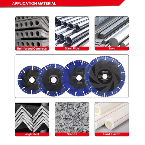 Application materials for 14 Inch Diamond Metal Cutting Disc All Purpose Cut Off Wheel That Handles Tough Jobs On Steel, Pipe, Stone, Concrete, Iron