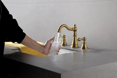 Two Handle Brushed Gold Bathroom Faucet For 3 Hole 8 Inch Widespread Lavatory With High Arc Spout And Pop Up Drain Lead Free