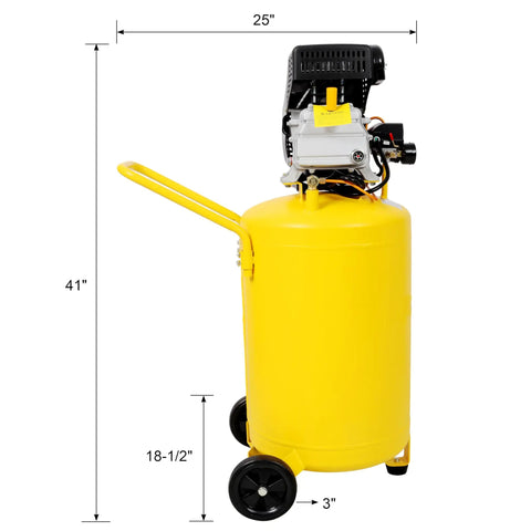 Heavy Duty 21 Gallon Vertical Air Compressor 2.5 HP 115 PSI Electric On Wheels with yellow tank and wheels, 41 inches tall.