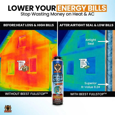 Before and after thermal image comparison showing energy efficiency impact of Heavy Duty Spray Foam Insulation Kit For Walls And Attic Featuring Sick Fire Rated Heat Blocking And Sound Dampening With Thirty Six Cans Pro Trigger Gun Cleaning Fluid And Complete Safety Kit.