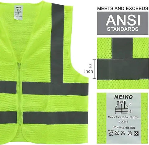 High Viz ANSI Class 2 Safety Vest No Pocket Neon Yellow Large For Men And Women Reflective Polyester Vest For Roadside Work Surveyors Cyclists Crossing Guards with measurements and standards details