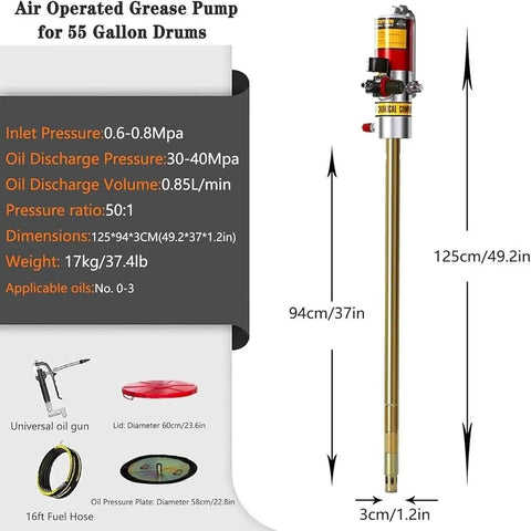 Heavy Duty Air Powered Grease Pump For 55 Gallon Steel Drums with 16 foot hose, universal oil gun, and technical details.