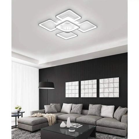 Sleek Two Layer Square LED Ceiling Light Flush Mount White Modern Minimalist Chandelier For Living Room And Bedroom 75W Cool White 5000K With Five Square Shades For Bright Even Illumination in modern living room