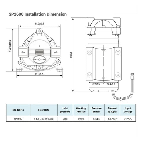 SP2600 installation dimension diagram for Boost Your Home Water Setup With This Ultra Quiet Self Priming RO Booster Pump.