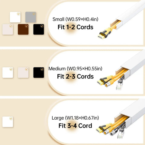 Effortless Wall Cable Hideaway Kit for TVs sizes small to large in white, fitting 1-4 cords; quick install for home theater or office.