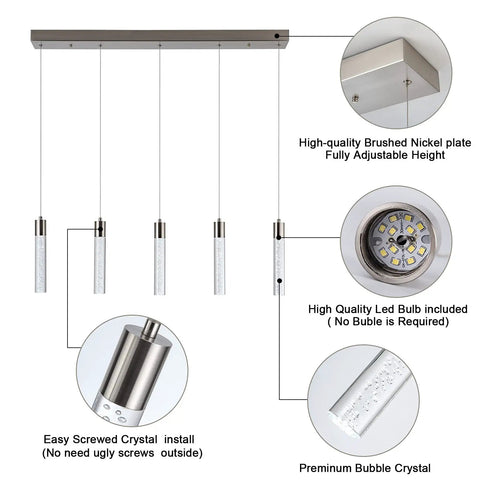 5 Light Pendant Ceiling Light Fixture For Kitchen Island With Crystal Bubble Beads, LED 40W 6000K, Brushed Nickel Finish
