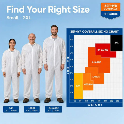 Zephyr coveralls size guide featuring models in white disposable coveralls, showing sizes from Small to 2XL.