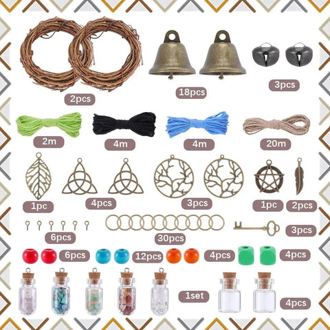 108 Piece DIY Witch Bell Kit For Protection And Home Decor displayed with components including bells, wreaths, and charm ornaments.