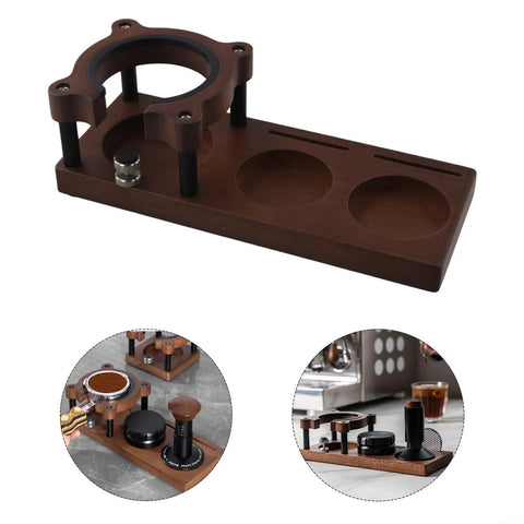Game Changer Wooden Espresso Tamping Station Adjustable Fits 51 To 58 Mm Portafilter with holes for tools on a wooden base.