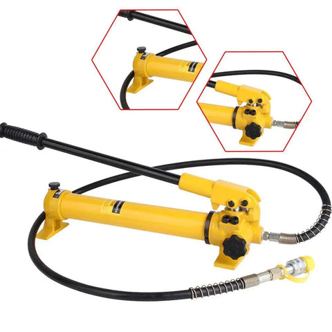 Kick Ass Manual Hydraulic Hand Pump 10000 Psi Rated With 350Cc Reservoir And Standard Npt Hookup angled view with hose.