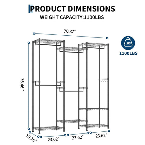 Product dimensions diagram of Beefy Heavy Duty Freestanding Portable Closet Organizer With Adjustable Carbon Steel Frame And Thick Vinyl Cover Handles Up To 1100 Pounds.