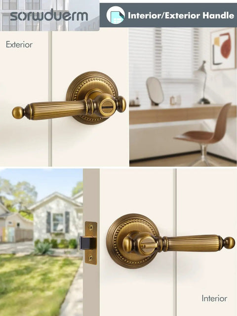 Antique Brass Door Lever Privacy Handle, 1 Pack Zinc Alloy, Fits Most Doors, displayed with exterior and interior views