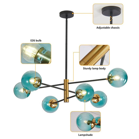 Six Light Blue Glass Ball Sputnik Chandelier Modern Mid Century Black And Gold Flush Mount Vintage Large Globe Pendant Light For Kitchen Island And Dining Area