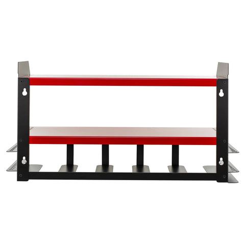 Front view of a heavy duty wall mounted power tool organizer with drill holder, garage storage rack, 2 shelves, 5 drill slots, in red.