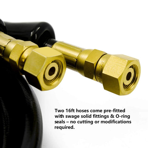 Close-up of two brass hydraulic hose fittings with threaded ends for Seastar outboard steering.